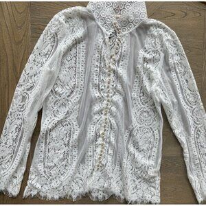 SOFT SURROUNDINGS Shirt Small White Lace Pearl Button Front Sheer Blouse